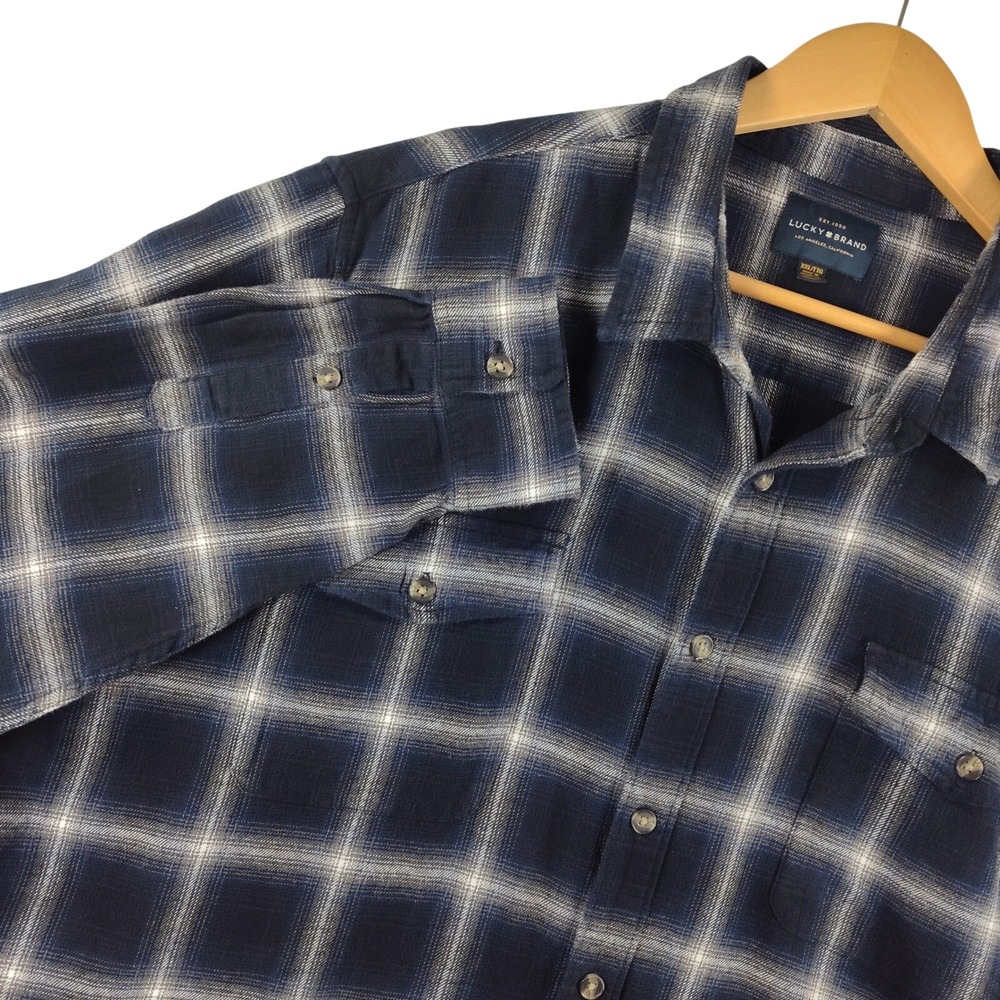 Lucky Brand Mens XXL Navy Blue White Plaid Flannel Button Down Shirt